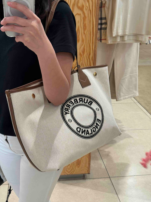 BURBERRY Round Logo Tote Bag Canvas(Dark Wheat)