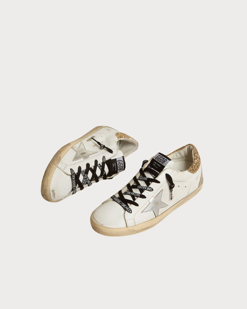 GOLDEN GOOSE Women's white leather Super - Star with glittery heel tab | 黃金鵝 女款白色皮革 Super - Star 搭配亮片後跟標籤(白色) - LondonKelly 英國名牌代購