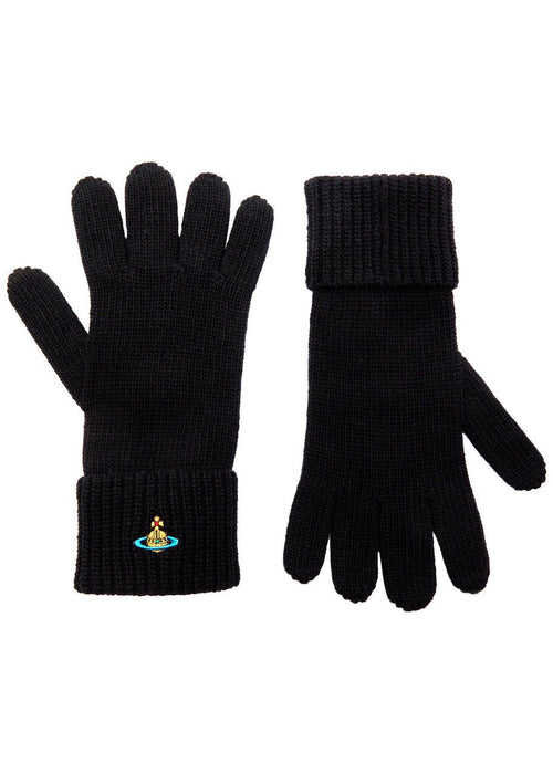 VIVIENNE WESTWOOD Logo - Embroidered Ribbed Wool Gloves | 西太后 羊毛手套 (黑色) - LondonKelly 英國名牌代購